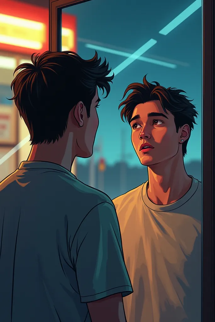 
". The young adult finds himself in front of the mirror at a road stop, analyzing his own face with an expression of surprise and understanding. He notices the similarities with his father, but his gaze is one of acceptance and pride.  The reflection in t...