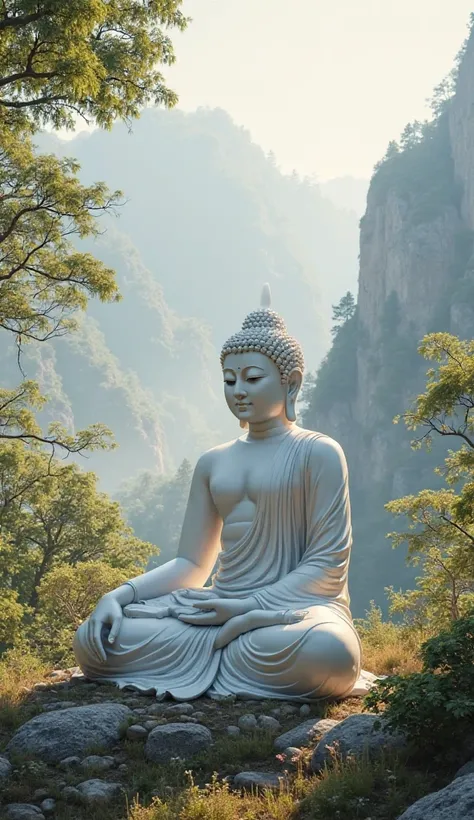 The large and elegant white Buddha statue Sitting in the three -sided sitting, mountains, large trees, fog, sunlight