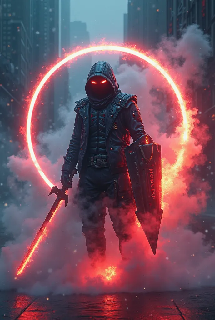 Cyber warrior covers fully his legs by smoke inside a round frame made of water, bright lines, fire coming out of his eyes, smoke cover's his legs fully, blazing with anger, behind him cyber shield and sword in mixed and bright colors, inside a shining wat...