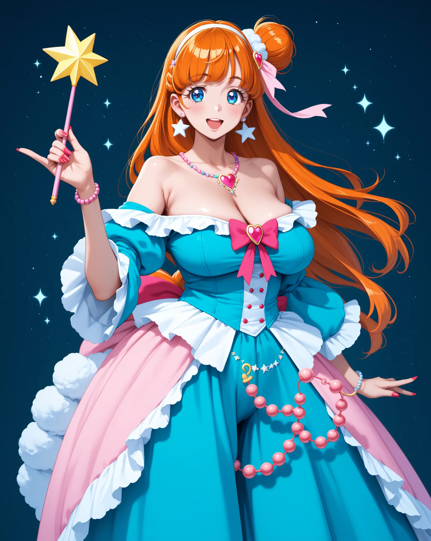 porn anime style , curvy mom , loose saggy boobs , loose skin , PreCure cosplay , (beads like magical wand:0.8) , Mascot character