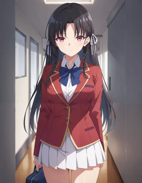 Masterpiece, hd, best quality, 1girl, kiyotaka_ayanokouji,  long hair, hair ribbon, black hair,red eyes, braided hair, medium breasts , bangs, parted bangs, school uniform, jacket, necktie, red blazer, blue bowtie tie, shirt, white pleated skitt, collared ...