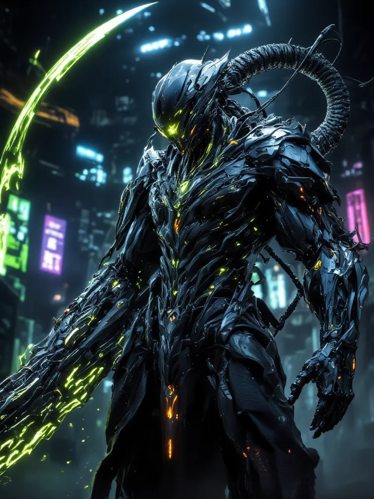 "A biomechanical warrior hybrid robot, with one arm made of advanced cybernetic tech and the other an organic, battle-hardened limb, holding a plasma sword in a neon-lit arena."