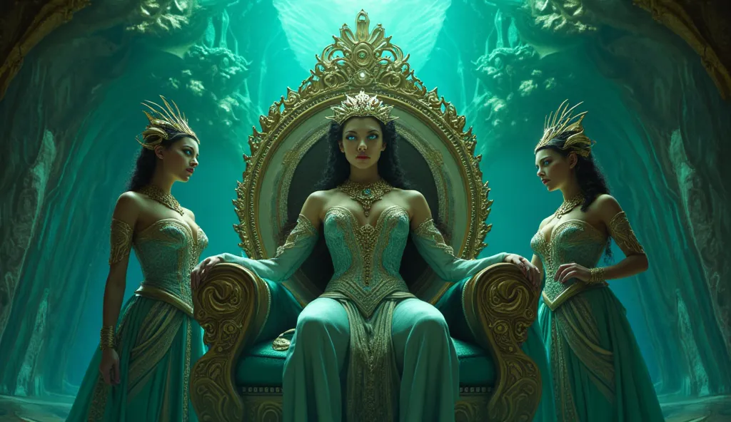 atlantis queen. very large geen eyes. sitting on her throne in Atlanis. female guards all around.