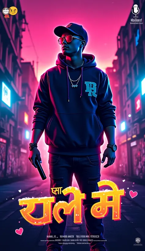 "A high-energy, stylish poster for a Hindi rap song titled 'तेरी मेरी बात'. The design should feature a cool, urban hip-hop vibe with a mix of romance, flirtation, and playful attitude. The background should have neon city lights, graffiti art, and a dynam...