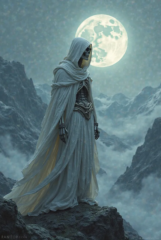 Skull in a white tunic and hood standing above the mountains watching the full moon.