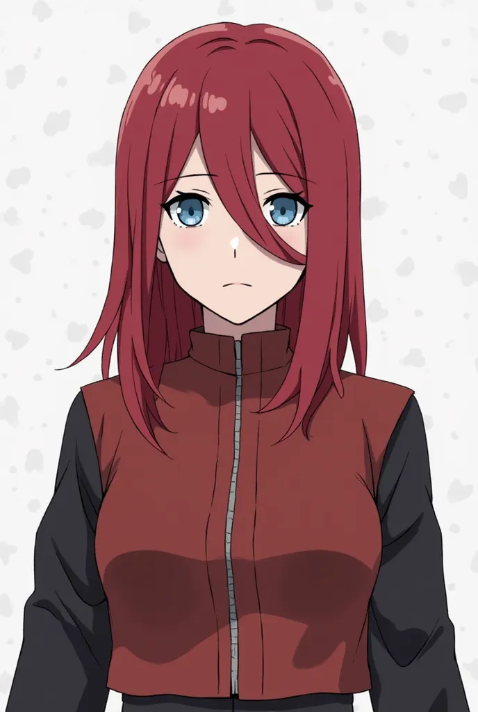 Creates a feminine character from the Naruto universe, with thick and slightly wavy hair texture, red hair color, hair hits half the back,  eye color blue, pale skin color, traditional shinobi costume, short and tight top, and a long-sleeved jacket, unifor...