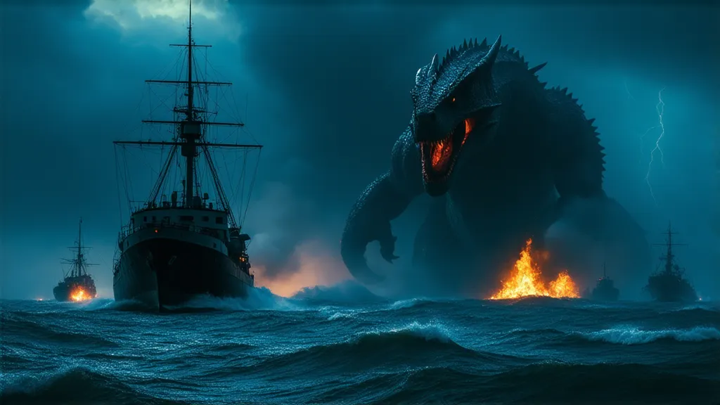 A terrifying and colossal sea monster, known as Leviathan, rising from the dark ocean surface at night, attacking military ships. Its massive, serpentine body is covered in thick, glistening scales of deep blue and black, coiling around the shattered remai...