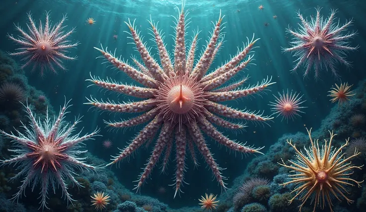 a highly detailed scientific accurate diagram of echinoderms in the deep sea, their featuresdetailed 4k, ultra-detailed, photorealistic diagram, scientifically accurate, echinoderms, deep sea creatures, tentacles, tube feet, spines, radial symmetry, intric...