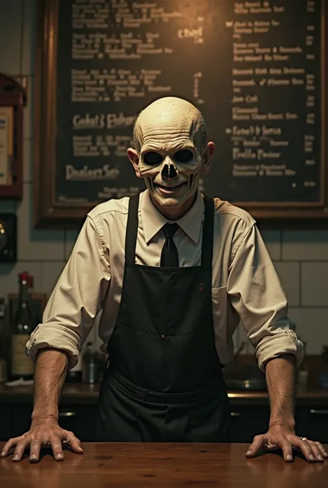 Creepy Waiter at the Counter – A pale, emotionless waiter stands behind the counter. His hollow eyes stare directly ahead, his uniform is old and stained, and his smile is unnaturally wide. Behind him, a dimly lit menu board lists dishes with faded, unread...