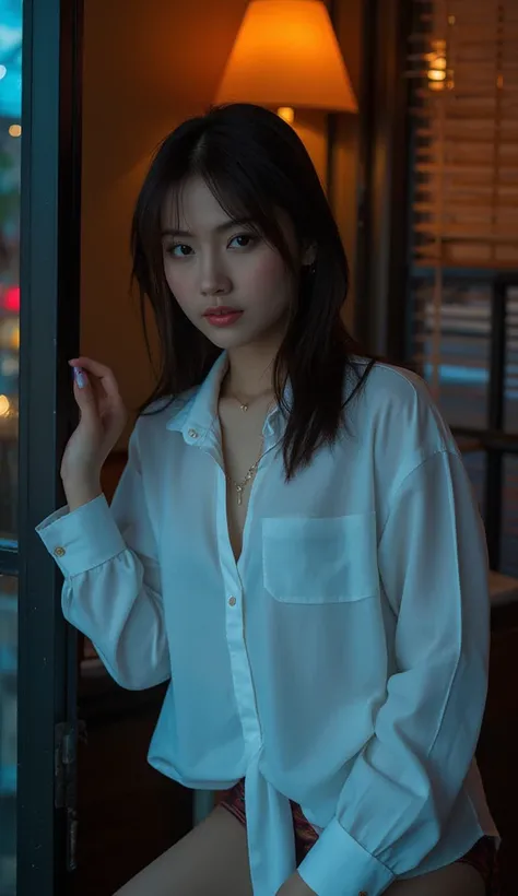 A stunning Thai woman with mesmerizing almond-shaped eyes and silky midnight-black hair leans effortlessly against the doorway of a dimly lit apartment, radiating quiet confidence. She wears a neatly fitted yet casually unbuttoned white dress shirt, secure...