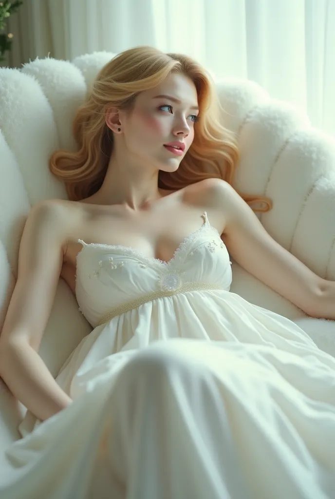 Beautiful, woman in white dress sitting on Big fluffy white couch