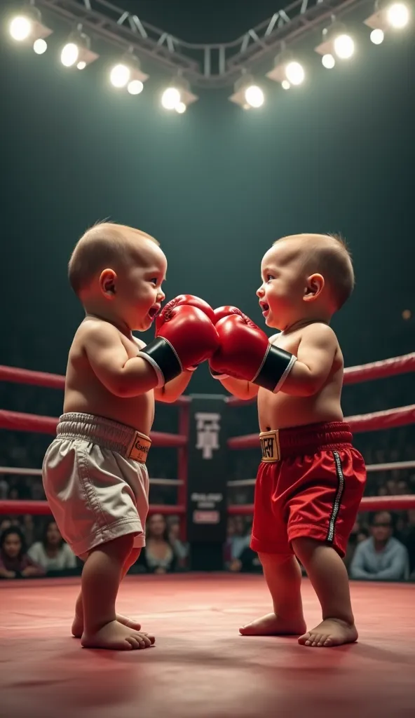 Two 5-month-old babies are boxing in a professional boxing ring. The setting is a real boxing arena, surrounded by a large audience watching the match. The scene is realistic, with dramatic lighting and intense expressions on the babies' faces. The babies ...