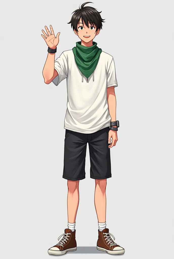 A handsome man wearing a green bandana around his neck, a white t-shirt, black shorts and brown canvas, stands up straight while waving one hand at camera with a cheerful expression on his face. Anime art style, grey background.