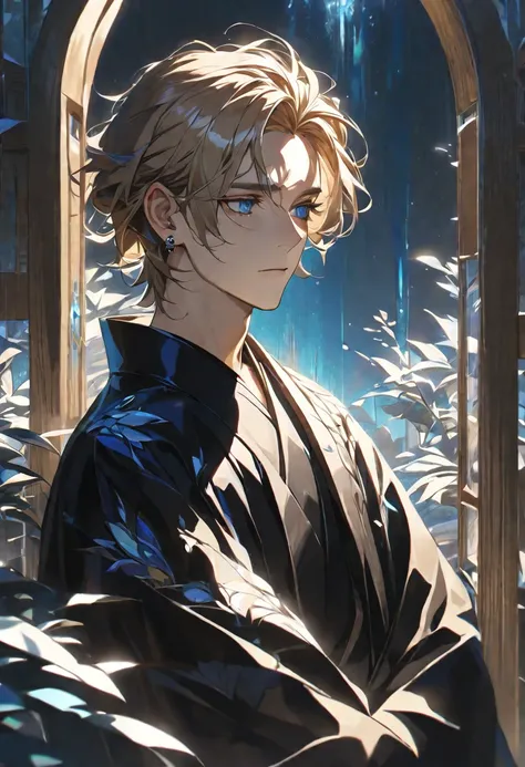 alone,1 neutral boy,Lots of piercings in one ear,  short hair, light brown natural hair,  crystal clear blue eyes,  Details,  black kimono