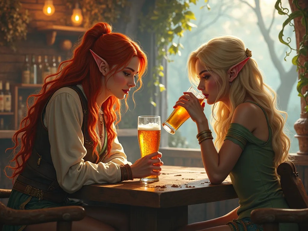 Realism Redhead and blonde elves sit at a bar drinking beer