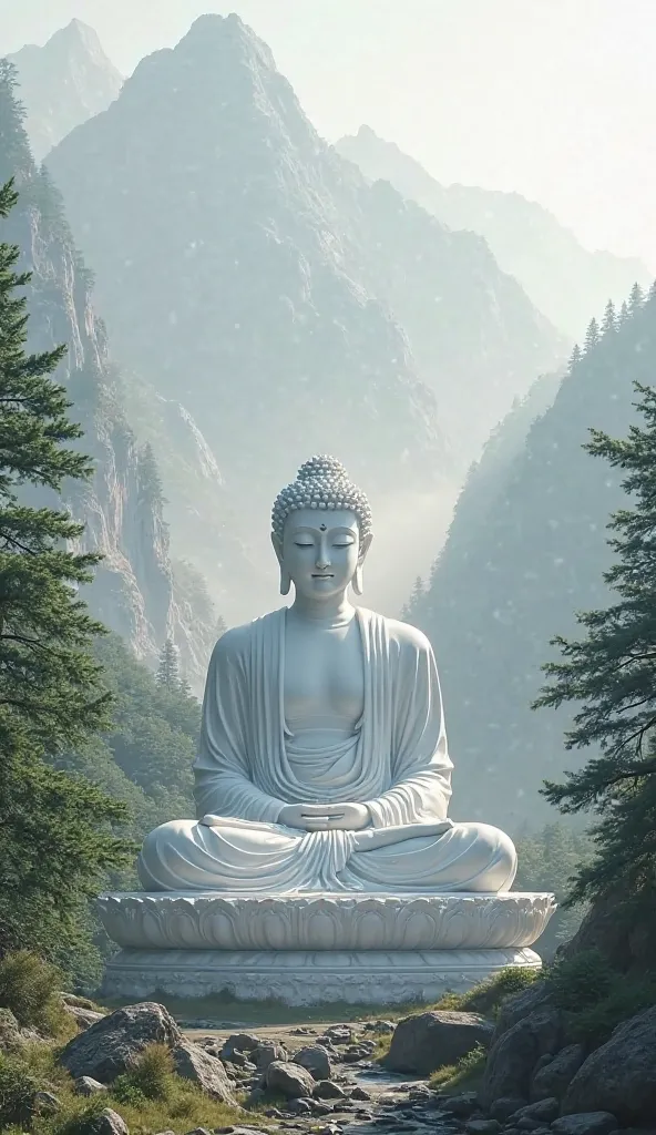 Big Buddha statue, white, meditating, calm, mountains, trees, fog, sunlight