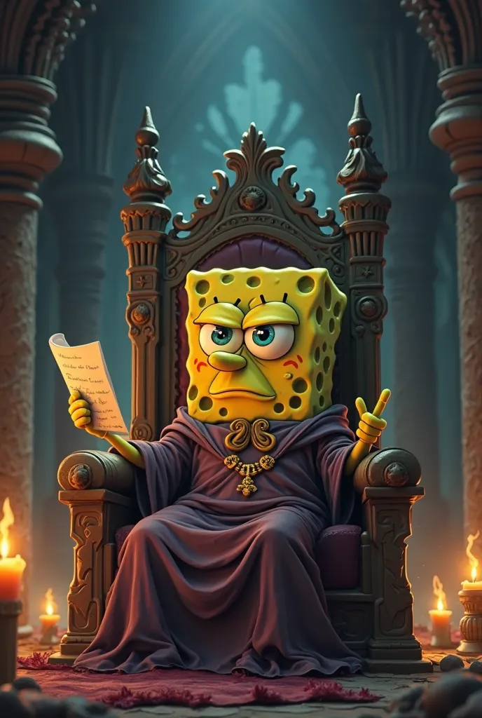 spongebob look gloomy on a throne with a sheet of paper in his left hand and raising his right hand, with a crouched head eyes closed and serious, dressed in a tunic look gloomy and everything like in a medieval castle, with candles, The environment is hal...