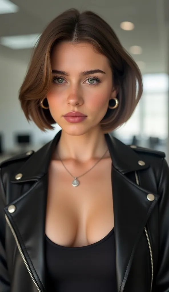 a beautiful young woman with fair skin and short, brown hair styled in a sleek bob, worrie. She is wearing a tank top and a black leather jacket with a deep neckline, accessorized with pearl earrings and a delicate necklace. standing in the office