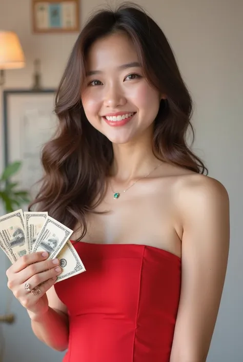 A beautiful Korean girl with a sweet smile, bright eyes, looks friendly, and has a very happy look in her eyes. She is 20-25 years old, has dark brown hair, and wears a red strapless dress, a tight shirt, and a fitted skirt. She looks cheerful and holds mo...