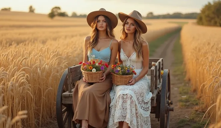 Two stunning women dressed in elegant country-style outfits, sitting on a rustic wooden wagon in the middle of a golden wheat field. They wear wide-brimmed cowboy hats and hold wicker baskets filled with colorful wildflowers. One is dressed in a flowing wh...