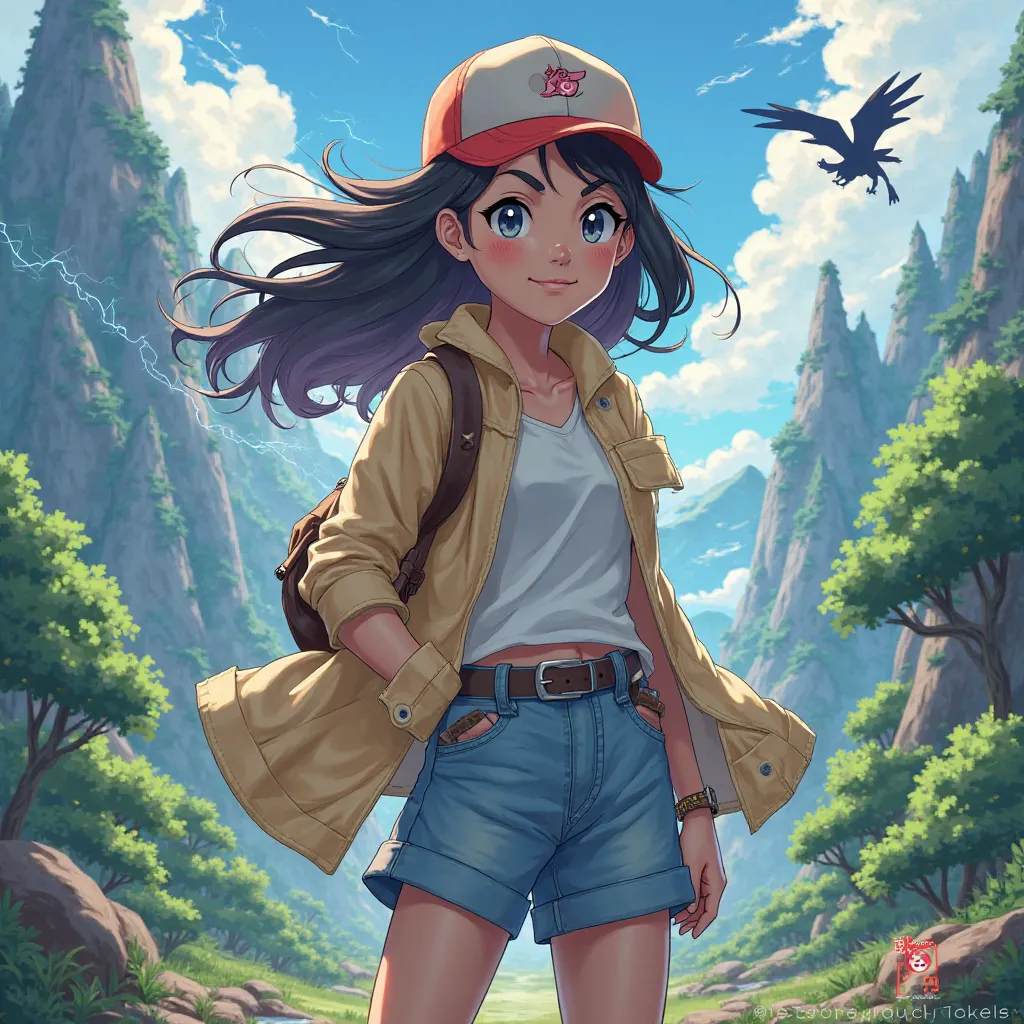 Adult girl advertisement inspired by Pokémon anime style 