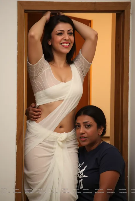 A Beautiful Milky white skin tone woman, in extreme white blouse with heavy handworked, and a bare low waist pure white kurtha with heavy handworked, revealing her low waist, revealing her navel, revealing her hips, revealing her cleavage, hands raised abo...