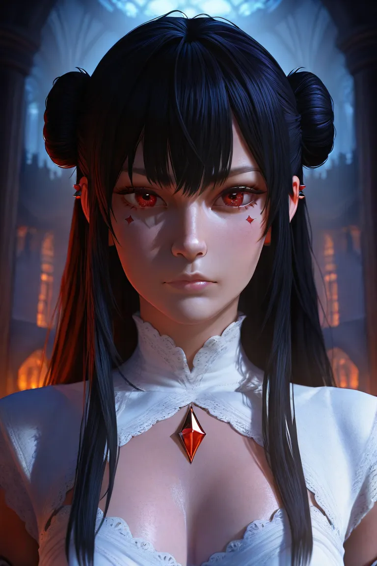 meeting with the mechanical elves overlords (([black] hair)), long hair in a bun, red piercing eyes, white dress, melancholic gaze at viewer,  anime style, realistic anime, dark castle background (soothing tones:1.0), (hdr:1.25), (artstation:1.2), dramatic...