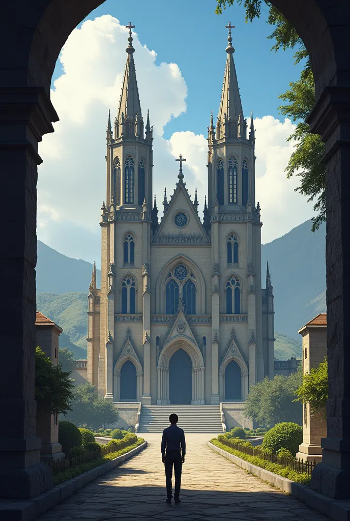 Draw the cathedral of Santacruz de la Sierra in Bolivia and someone watching