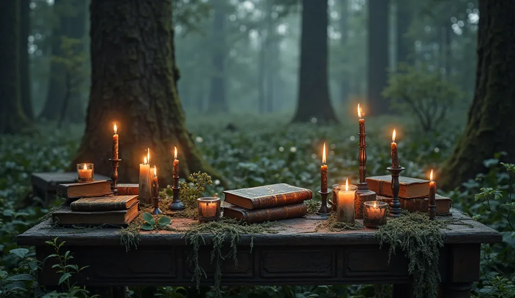 At a table full of burning candles and old books on the side of a forest tree