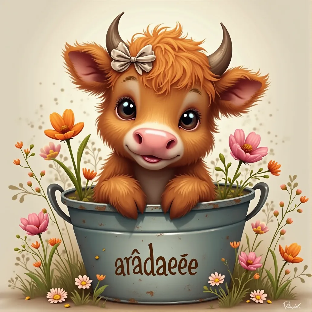 Cute baby highland cow calf with shaggy auburn fur with a bow on her head. Sitting in a tin flower bucket with wildflowers. The name "Aradaeee" elegantly stenciled on the tin bucket.