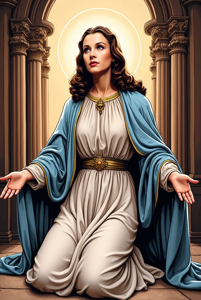 (masterpiece:1.2, Best Quality),8k, wallpaper,((Marvel Comic art, thick outline, flat color:1.3)),(Vivien Lee as Virgin Mary), view from front, ((full body, looking up kindly , kneeling in the chapel)), perfect eye,detailed face, holy expression ,