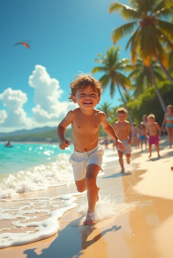 A boy on a beach, in white swimming trunks and with other ren playing 

