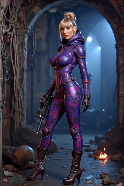 A gorgeous lady in the role of Princess Leis (sexy revealing violet and blue camouflage combat armor, weapon, iconic hairdo), she is in action poses exploring an alien base, the interior has a lot of battle damage (hanging wires, spark, small fires, holes)