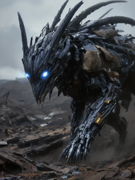 "A cybernetic wolf hybrid robot with a reinforced steel body, organic fur partially covering its metallic frame, and glowing blue eyes scanning a dystopian wasteland."