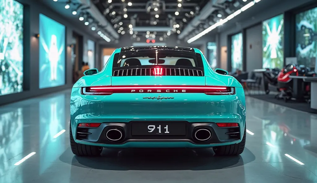 "A stunning 4K rear view of a 2025 Porsche 911 in a sleek seafoam color, showcased in a modern luxury digital showroom. The environment features high-end lighting, glossy reflective floors, and futuristic digital displays. The license plate prominently dis...