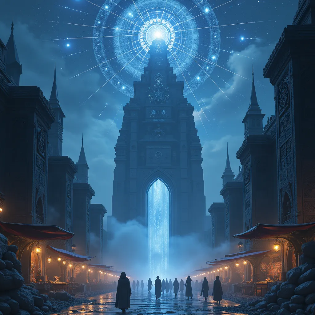 "Mystical city of Iskharan, with ancient carved black stone architecture and brilliant runes. Streets float above blue mist, reflecting mirrored dimensions. IN THE SKY, constellations revolve connected by filaments of arcane light. Deities and spectral ent...