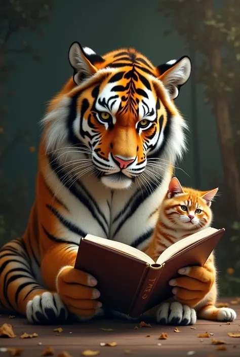 "A funny scene where a huge majestic tiger and a small cat are sitting together. The tiger is reading a book in a very serious manner, and the small cat is sitting next to him trying to read the same book "A funny scene where a huge majestic tiger and a sm...