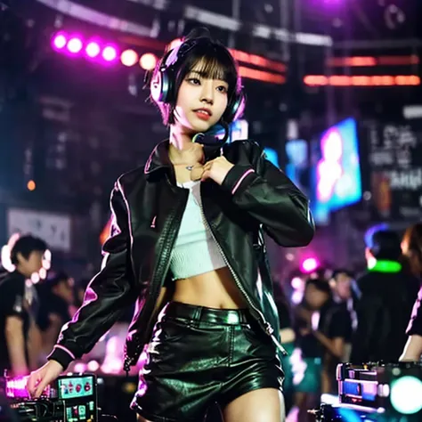 japanese woman,  dj, with headphone, in the club,  kawaii, ((very short cut:1.2)), crowds around, ((cyber punk, lighting effects1.2)), black business jacket, white shirt, ((DJ, dancing, on the stage:1.3))