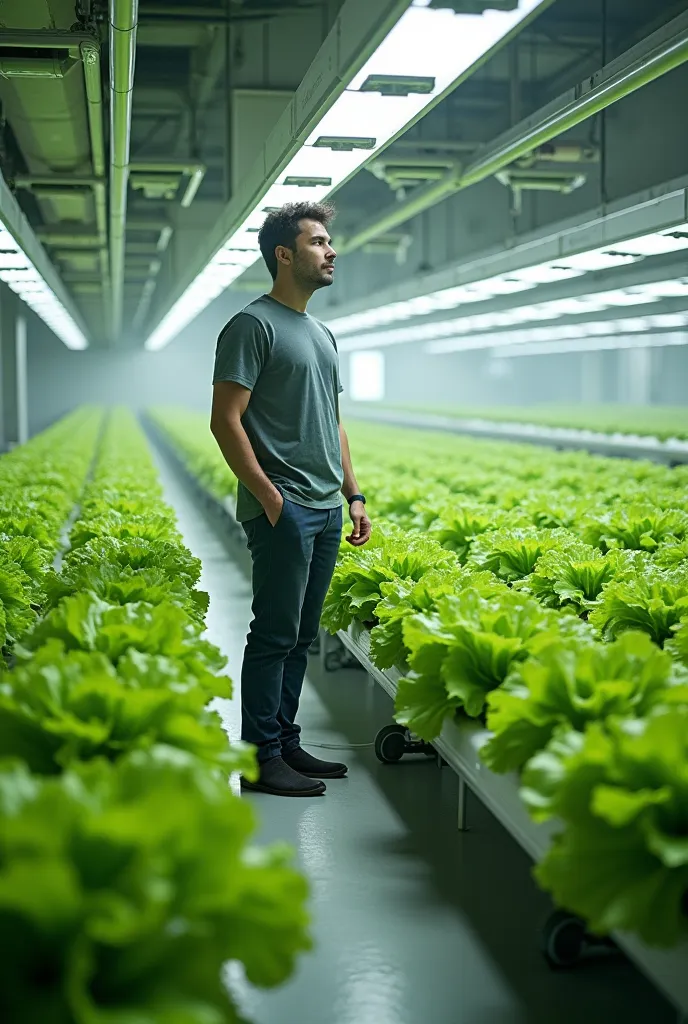 A man walking in a Hydrophonic Farming facility where grows most greeny lettuces. and he woke up in hi bedroom and he see a small hydrophonic farming module which has the same greene lettuce.