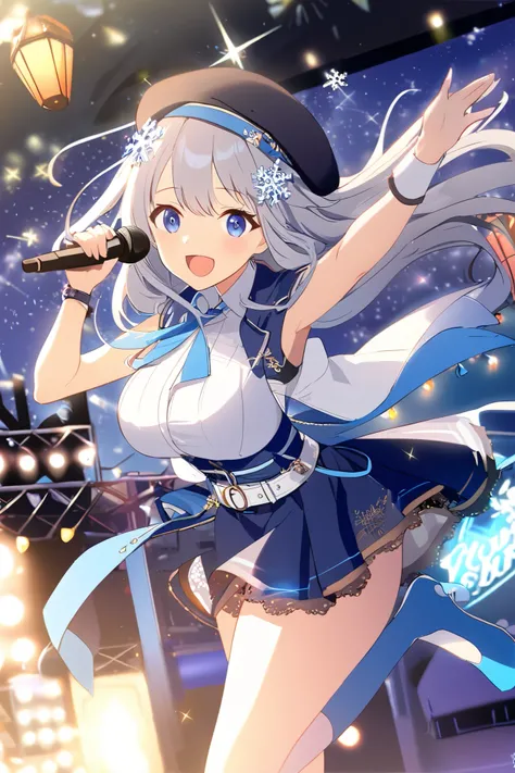 1 girl,microphone, long hair, Big Breasts, viewers, smile, open your mouth, blue eyes, hair ornament, sky full of stars, Lantern, jacket, white shirt, gray hair, sleeveless, collared shirt , belt, letter name , blue skirt, black headwear, , beret, B...