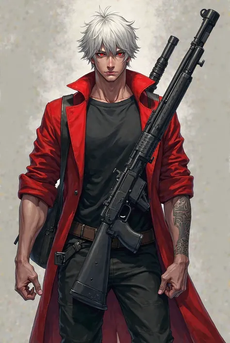 , white hair, red eyes, wearing a black T-shirt, wearing a red coat, black military pants, wearing a bag, having black eyes, grasping eyes,  muscular, Holding an anime shotgun