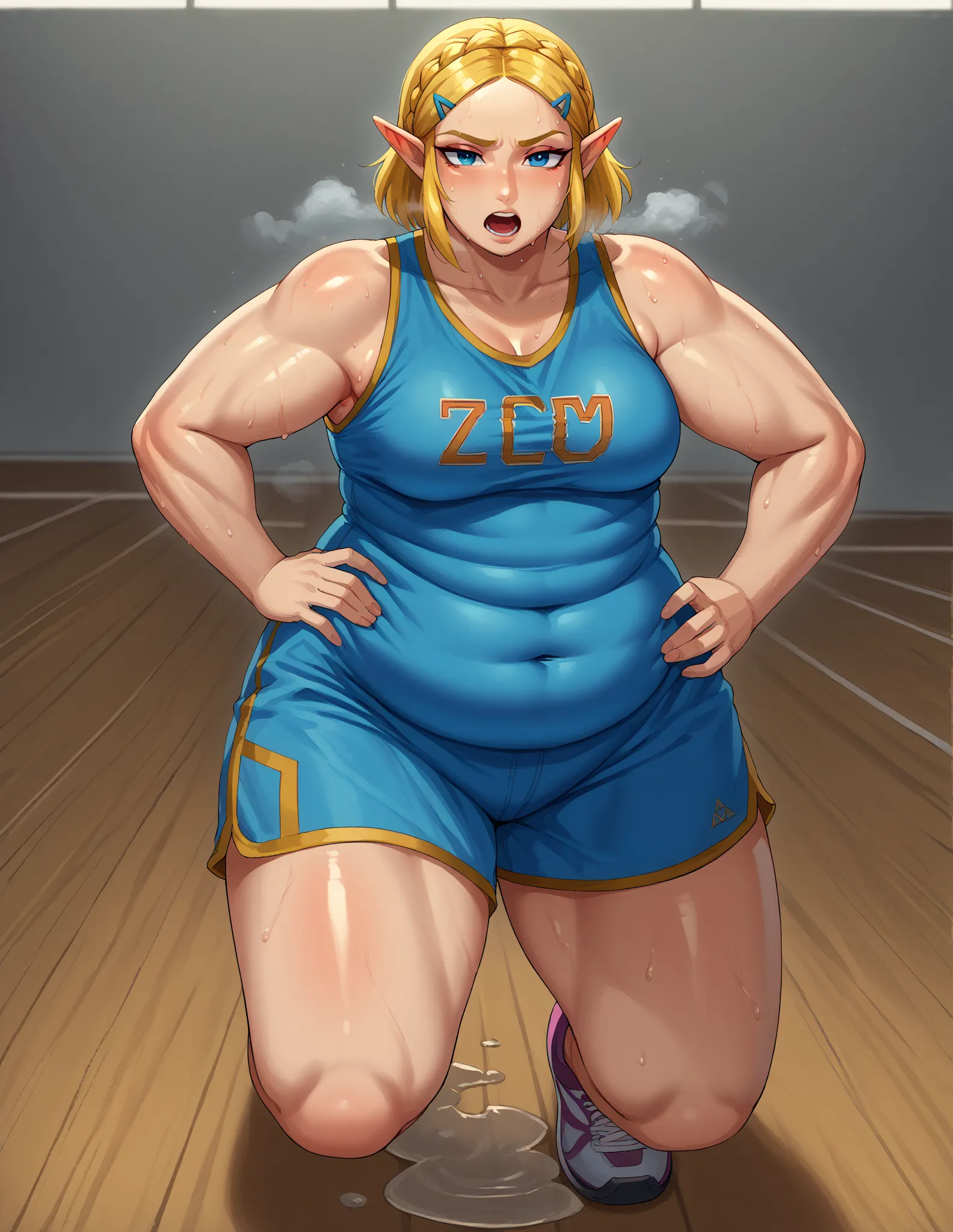 score_9, score_8_up, score_7_up, BREAK, 1girl, solo, princess zelda, 1girl, solo, blonde hair, crown braid, hairclip, pointy ears, ponytail, jewelry, makeup, casual, cowboy shot, blue eyes, looking at the viewer, large breasts, hand on hips, blue tanktop, ...