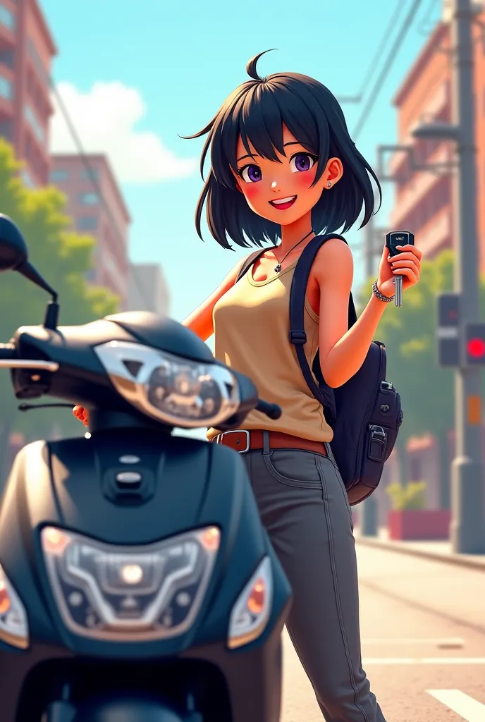 Motorcycle scooters happy black-haired girl with keys to her motorcycle