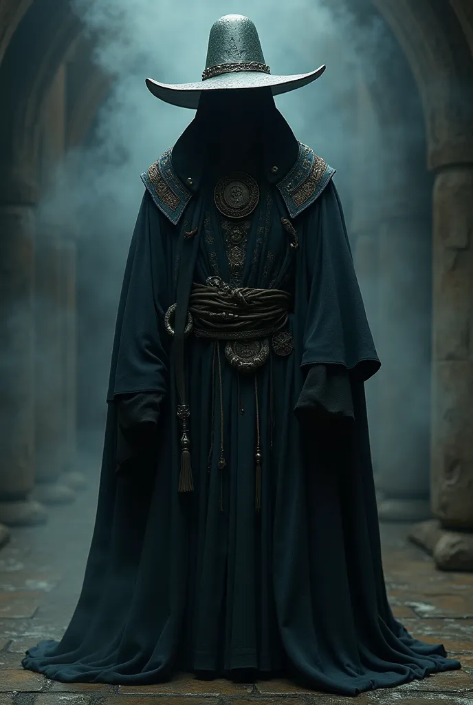 The model is wearing a black wizard robe and a leather wizard hat