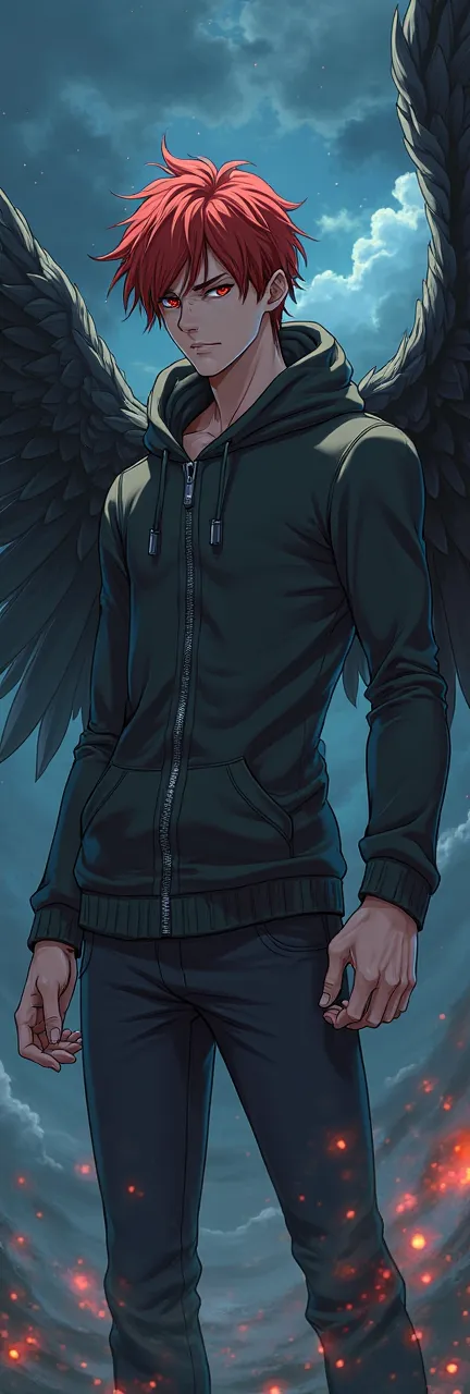 Red hair, red eyes, cat's eyes, angry, anime, handsome ager, strong build, hoodie, anime, short hair, dynamic hair, boy, black wings, the successor of heaven, the weather is night 