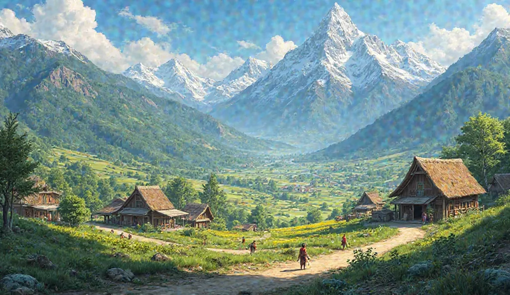 Vast lands and prosperous farms in a village between the mountains