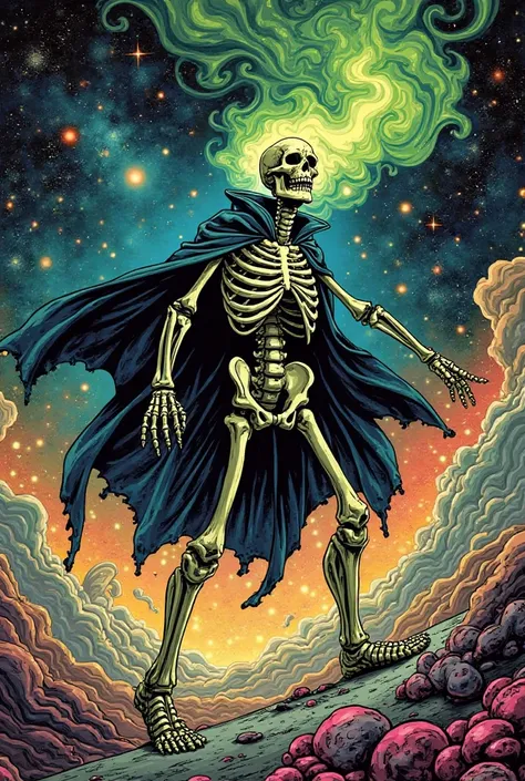 Create a 1950s comic magazine cover featuring our gothic skeleton superhero on a psychedelic journey through the cosmos. The skeletal hero, with intricately carved gothic bone details and a mysterious aura, is shown in a dynamic pose amidst swirling cosmic...