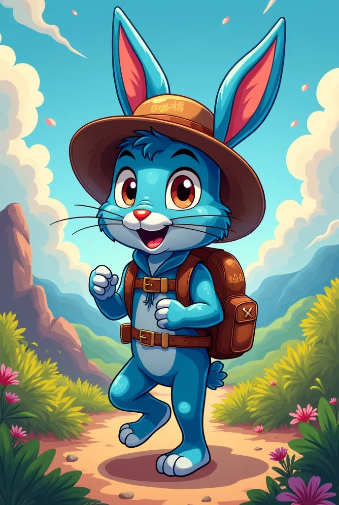 Blue bunny adventurer in 90s cartoon        Style