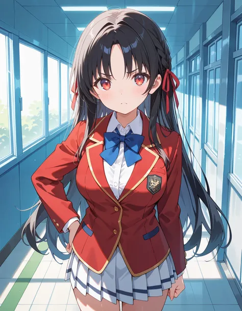 Masterpiece, hd, best quality, 1girl, kiyotaka_ayanokouji,  long hair, hair ribbon, black hair,red eyes, braided hair, medium breasts , bangs, parted bangs, school uniform, jacket, necktie, red blazer, blue bowtie tie, shirt, white pleated skitt, collared ...