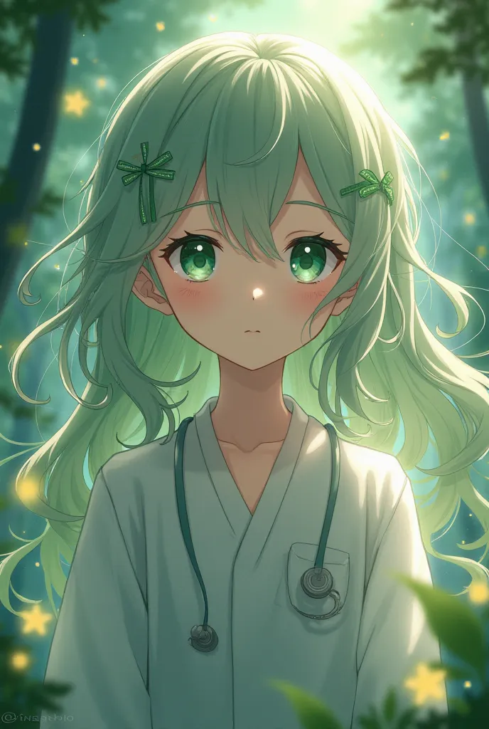 girl, calm, doctor, Being a fairy, delicate, kind, green eyes, wavy hair, anime style, Demon Slayer style